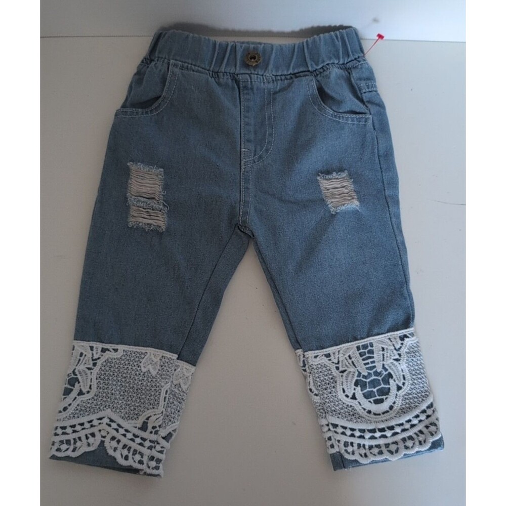 Boutique Baby Jeans 3-6 Months Distressed Lace Elastic Waist Light Wash Girls